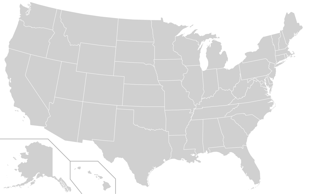 Mapa Stanów Zjednoczonych. Alaska i Hawaii pokazane w osobnych ramkach.